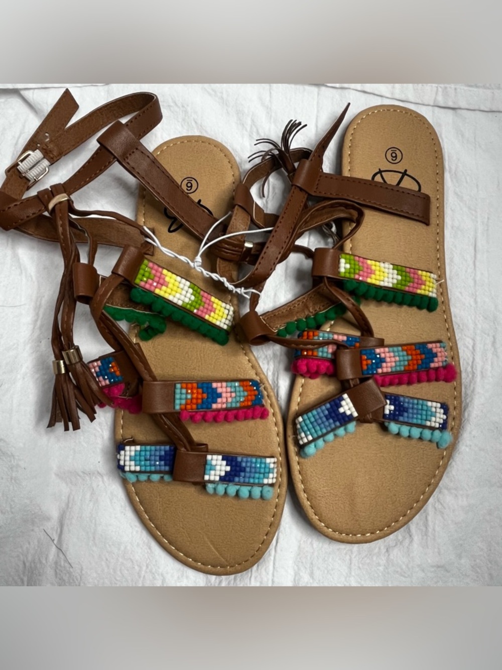 Boho Gladiator Sandals w/ Mosaic Resin Detail Tassels & Pom Poms – Size 6
